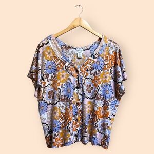 Nicole Miller New York Linen Floral Blouse Top Retro 70s Flowers Women’s Large